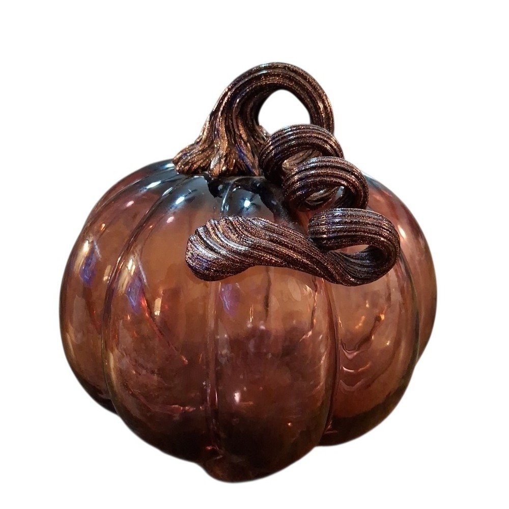 Thanksgiving Autumn Brown Blown Glass Swirled Glittery Stem Pumpkin Table Decor